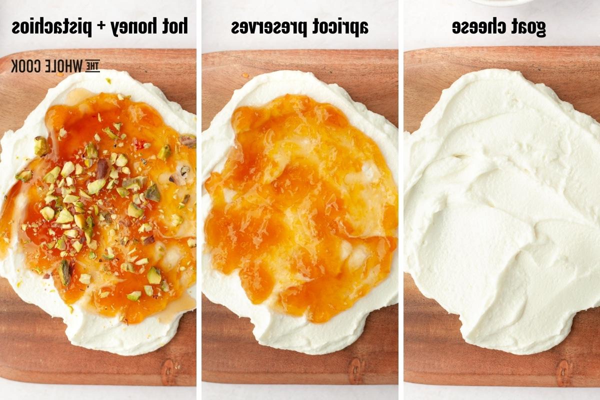 Nahaufnahme des Ziegenkäse-Aufstrichs, der auf einem Servierbrett mit einer Gabel angerichtet ist und die reichhaltige Textur des Käses, der Aprikose und des Honigs wunderschön zur Geltung bringt.