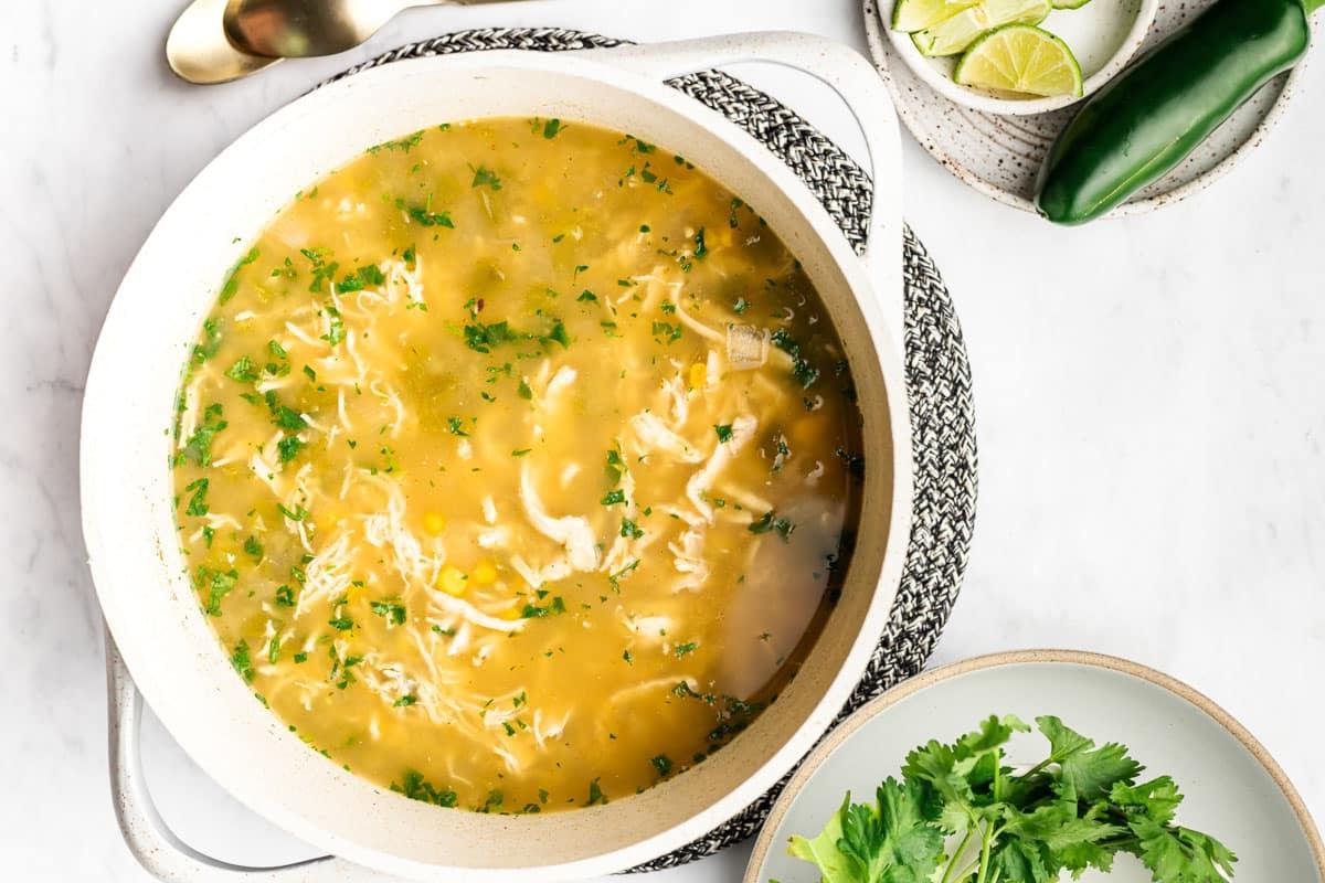 Eine Schale Salsa Verde Hühnersuppe, von oben fotografiert, mit frischem Koriander und Limettenscheiben.