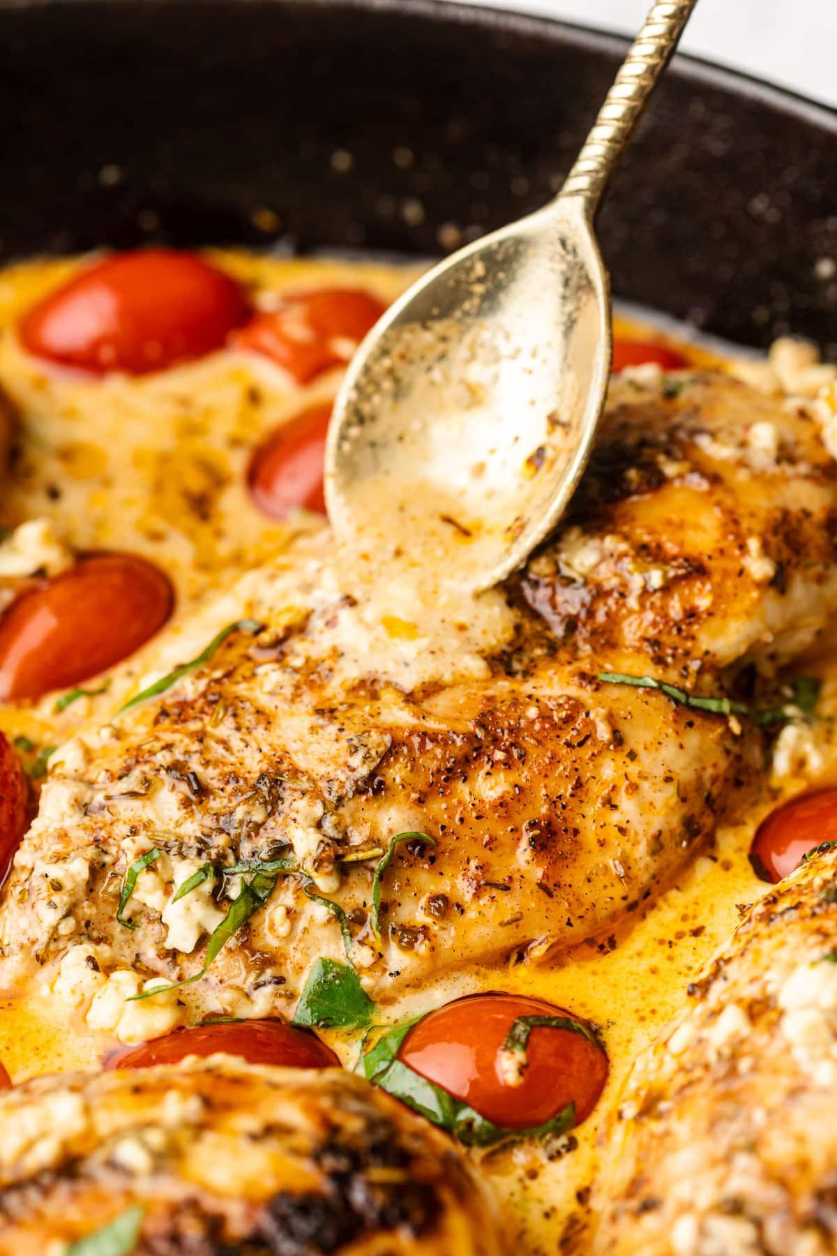 Fertig angerichtetes Feta-Hähnchen auf einem Teller mit Beilagen