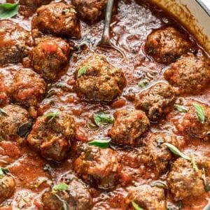 Fleischbällchen in Marinara Soße 6 Ein Teller mit fertigen Fleischbällchen in Marinara Sauce, bereit zum Servieren.
