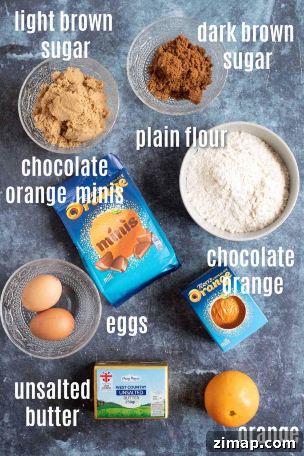 Πανεύκολες Μπάρες Σοκολάτα Πορτοκάλι 3 Ingredients needed for chocolate orange cookie bars.