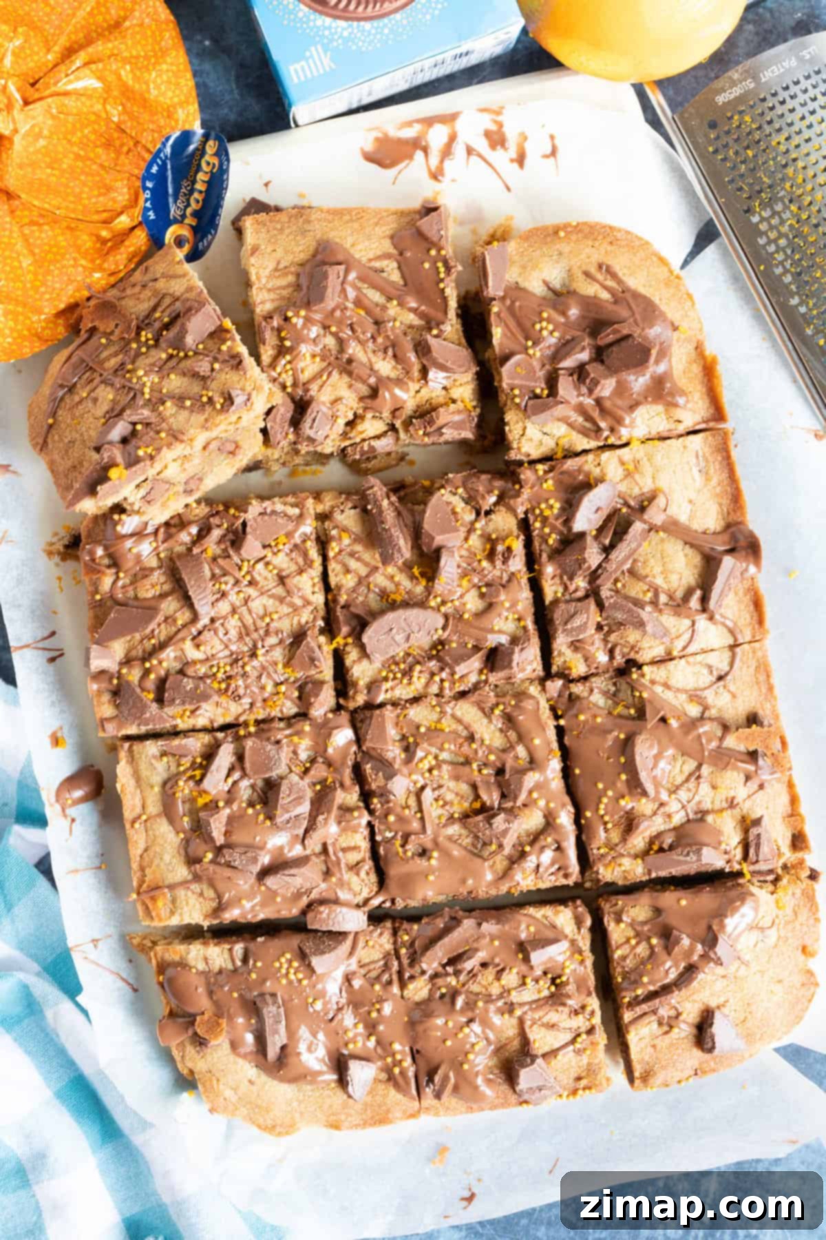 Πανεύκολες Μπάρες Σοκολάτα Πορτοκάλι 6 Chocolate orange cookie bars on a wooden board.