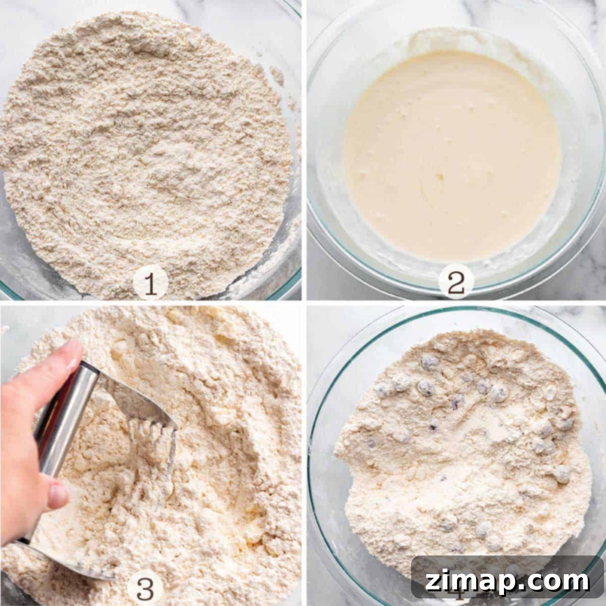 Προζυμένια Μύρτιλα Σκόουνς 4 Four images. One of a bowl with dry ingredients and the other with wet and then a pastry cutting mixing butter into the flour.