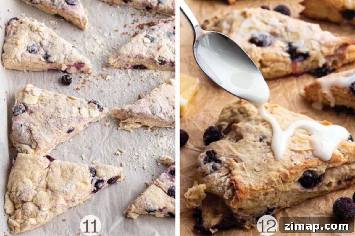 Προζυμένια Μύρτιλα Σκόουνς 7 Scones on a baking sheet getting ready to bake an then spoon drizzling on glaze.