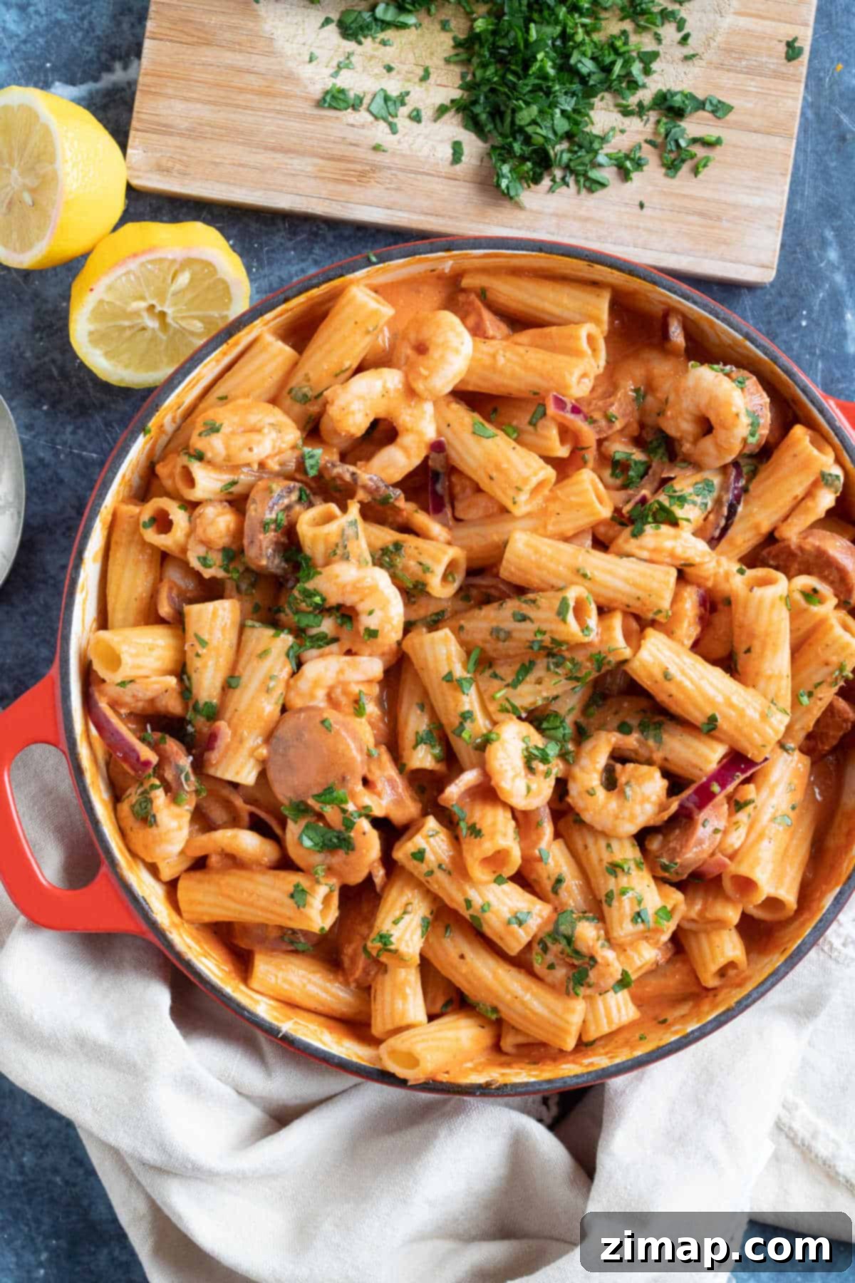 Εύκολη Συνταγή για Ζυμαρικά με Chorizo και Γαρίδες 2 Ζυμαρικά με χοριζό και γαρίδες με λεμόνι και μαϊντανό.
