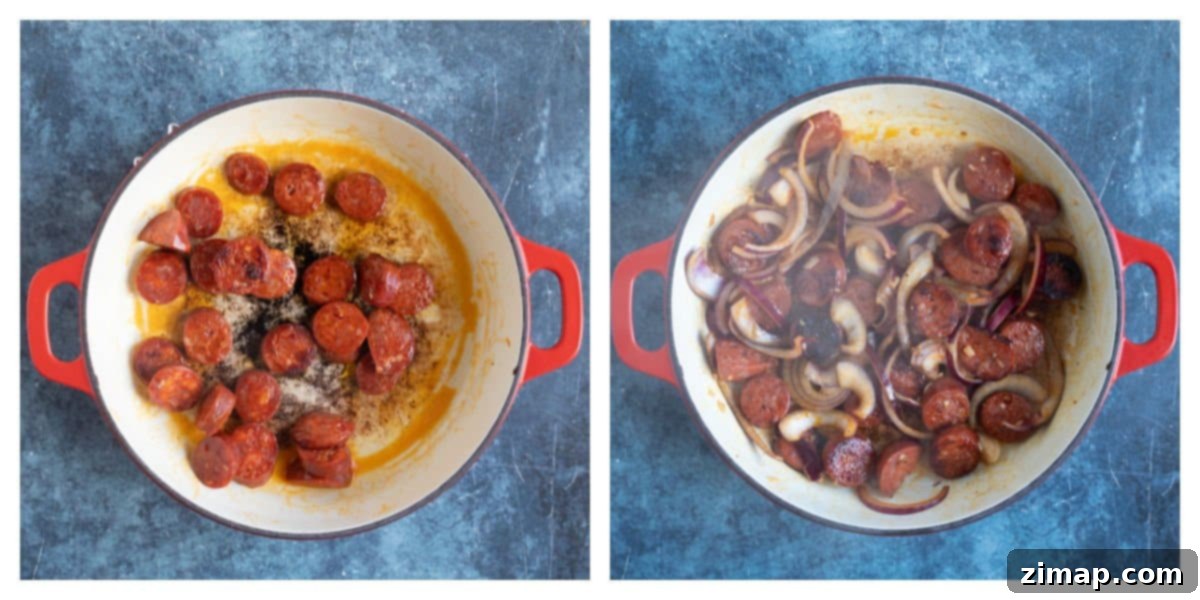 Εύκολη Συνταγή για Ζυμαρικά με Chorizo και Γαρίδες 4 Τηγανίζοντας το χοριζό στο τηγάνι.