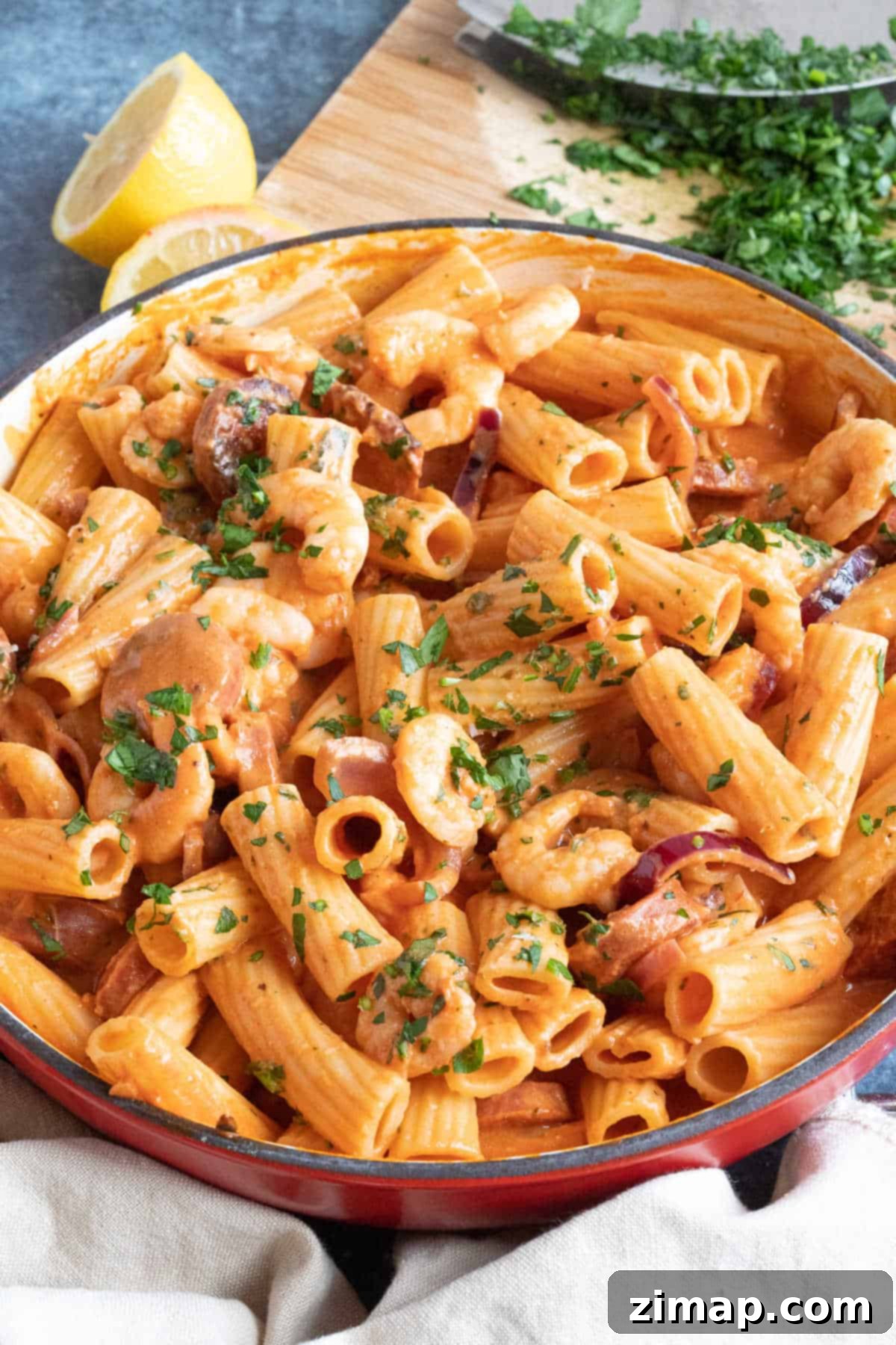Εύκολη Συνταγή για Ζυμαρικά με Chorizo και Γαρίδες 7 Κρεμώδη ζυμαρικά με χοριζό και γαρίδες σε τηγάνι.
