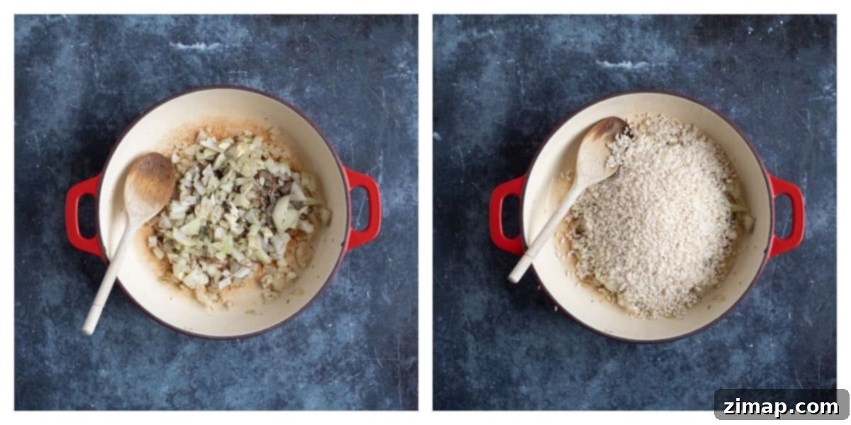 Ριζότο με Καπνιστό Σολομό και Γαρίδες 4 Cooking the onions and garlic, then adding the risotto rice.