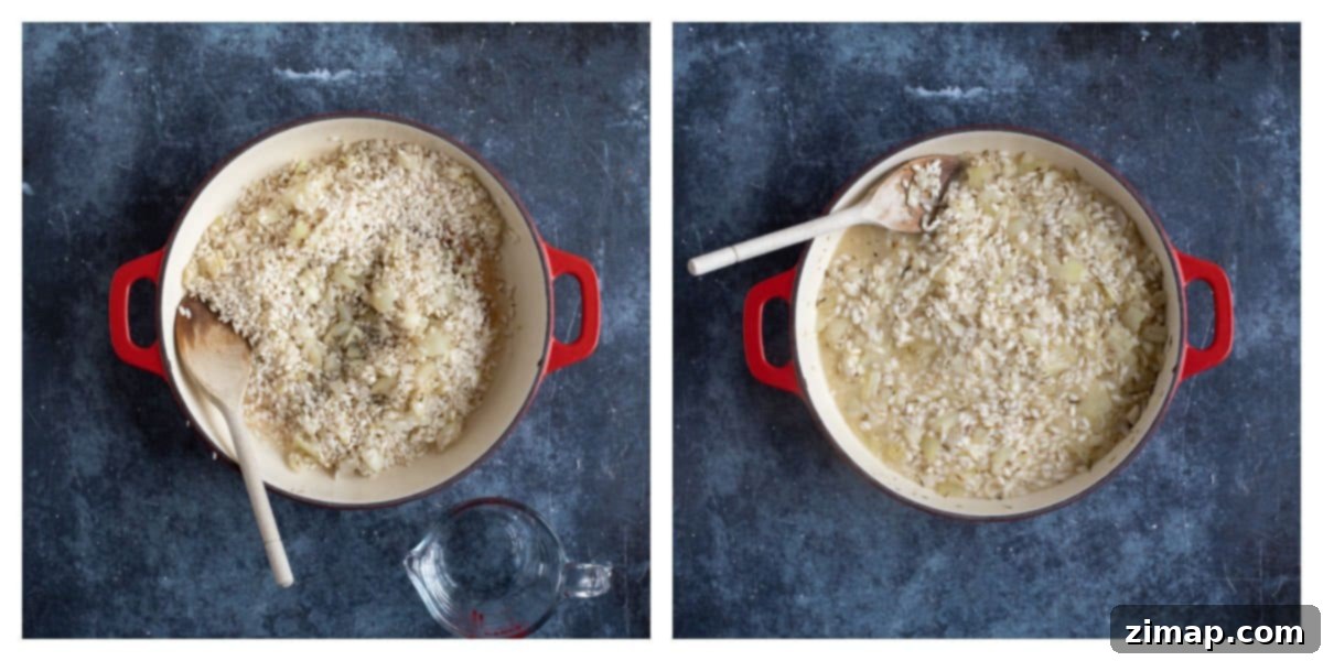 Ριζότο με Καπνιστό Σολομό και Γαρίδες 5 Adding stock to the risotto.