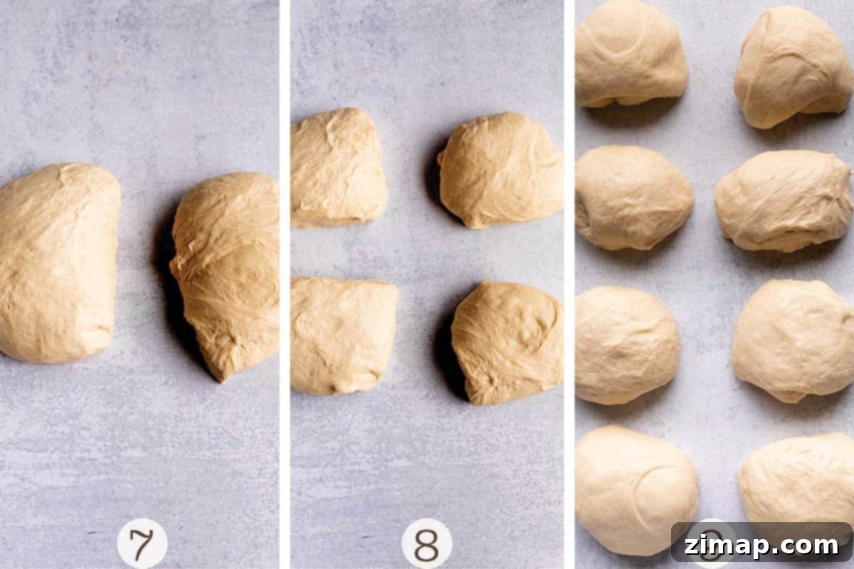 Αφράτα και Βουτυράτα Σπιτικά Ψωμάκια 7 Τρεις εικόνες ζύμης που χωρίζεται σε κομμάτια.