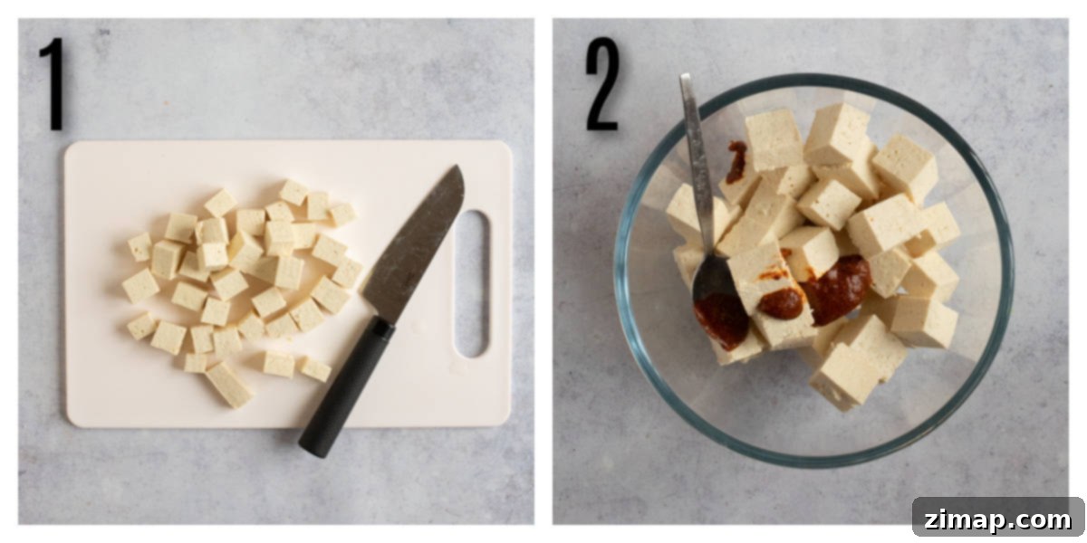 Τραγανό Τόφου Αέρος 6 Cutting a tofu block into cubes and adding seasoning - process shots.