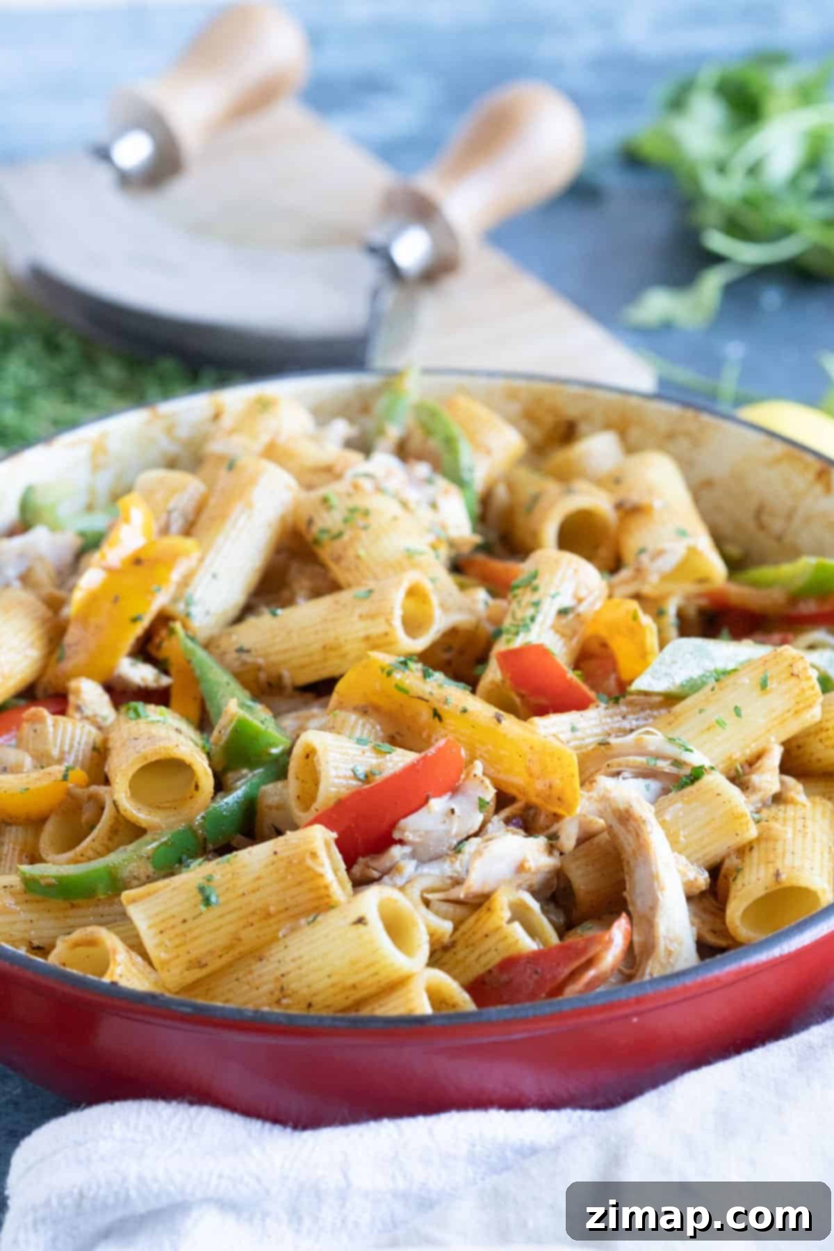 Ράστα Μακαρόνια με Κοτόπουλο 2 A pan of rasta pasta with sauteed bell peppers and chicken.