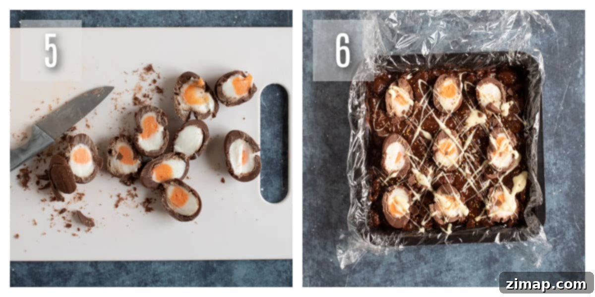 Η Απόλυτη Συνταγή Τίφιν με Αυγά Κρέμας Cadbury 5 Tiffin σοκολάτας διακοσμημένο με κομμένα Creme Eggs.