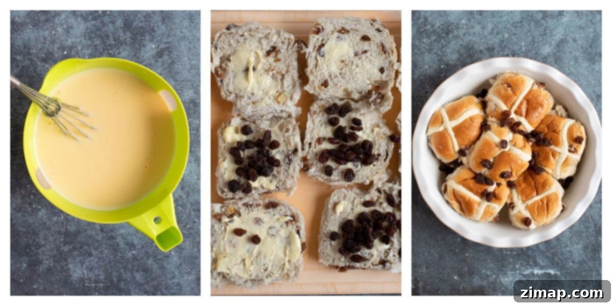 Εύκολη Πουτίγκα Hot Cross Bun 4 Φωτογραφίες της διαδικασίας συναρμολόγησης της πουτίγκας Hot Cross Bun και βουτύρου.