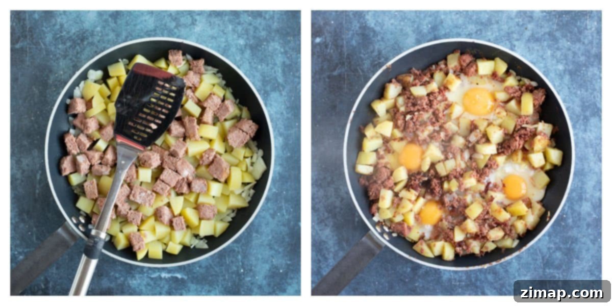 Εύκολη Τηγανιά με Παστό Βοδινό και Αυγά 5 Corned beef hash σε τηγάνι με τηγανητά αυγά.