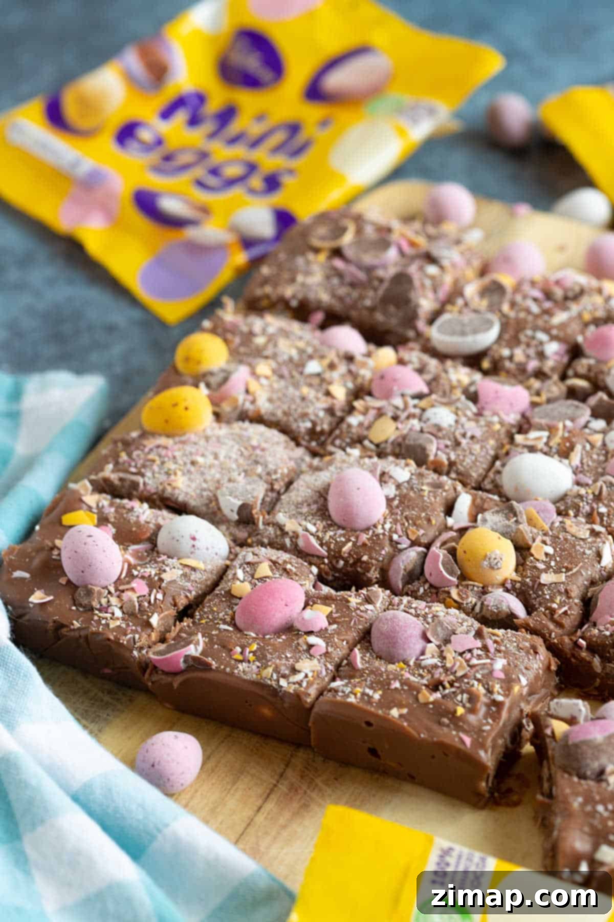 Εύκολο Πασχαλινό Φατζ με Μίνι Αυγά Cadbury 2 Fudge με Mini Eggs κομμένο σε τετράγωνα.