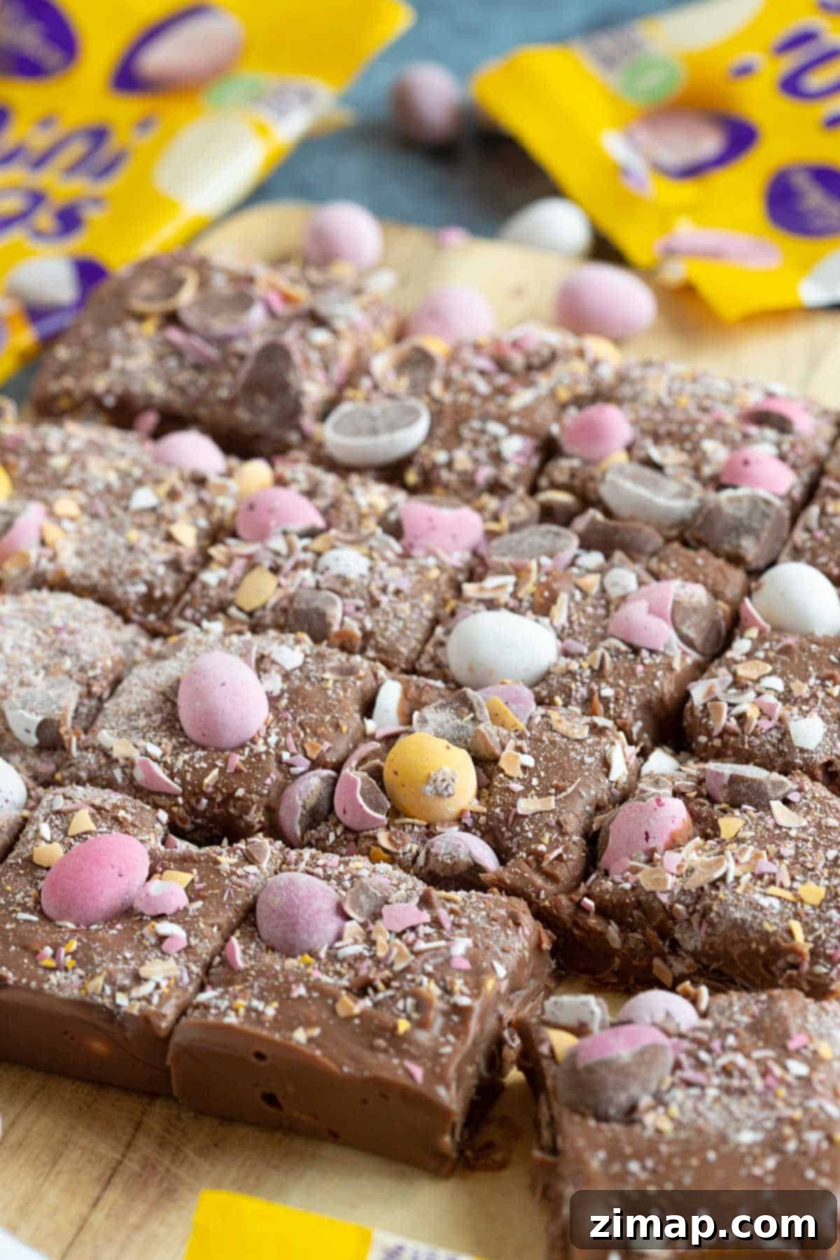 Εύκολο Πασχαλινό Φατζ με Μίνι Αυγά Cadbury 7 Fudge σοκολάτας με Mini Eggs κομμένο σε τετράγωνα.