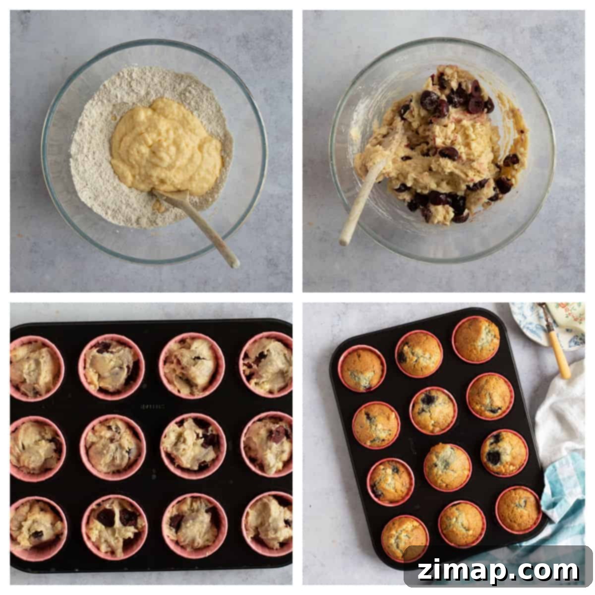 Εύκολα Μάφινς Λευκής Σοκολάτας με Κεράσια 5 Making cherry muffins photo collage.