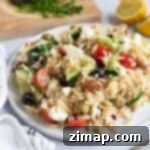 Ελληνική Σαλάτα Κριθαράκι Φέτα 8 Ελληνική σαλάτα ζυμαρικών σε λευκό πιάτο.
