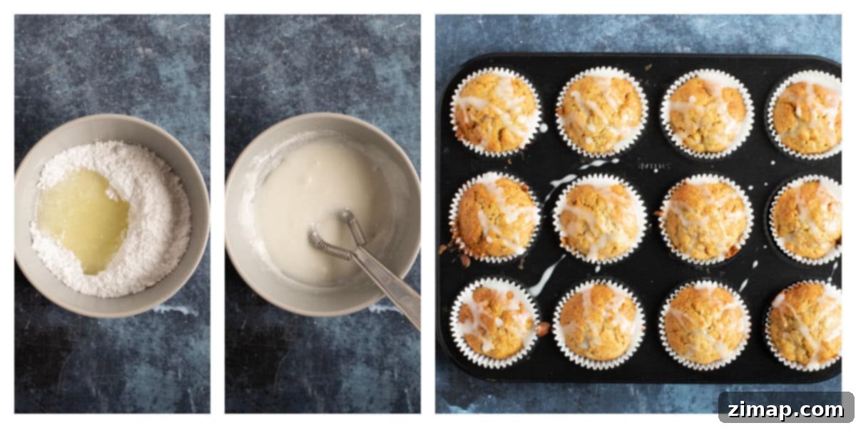 Πανεύκολα Μάφινς Καροτόπιτας 5 Carrot cake muffins with a lime drizzle icing.