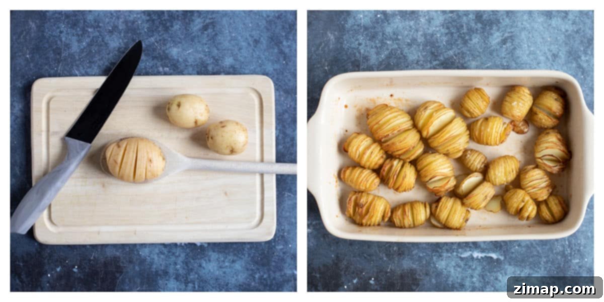Πανεύκολη συνταγή για μίνι πατάτες Hasselback 4 Κόψιμο πατατών σε ξύλινη κουτάλα για Hasselback.
