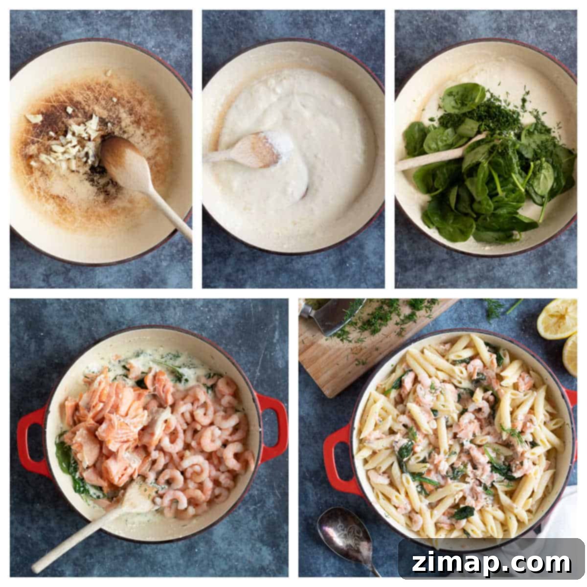 Εύκολα Ζυμαρικά με Σολομό και Γαρίδες 4 Step by step photo instructions for making creamy prawn and salmon pasta.