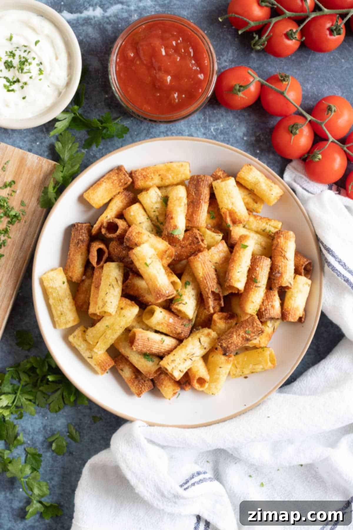 Εύκολα Μακαρονότσιπς Αέρος 2 Chips ζυμαρικών σε πιάτο με ντιπ σάλτσας.