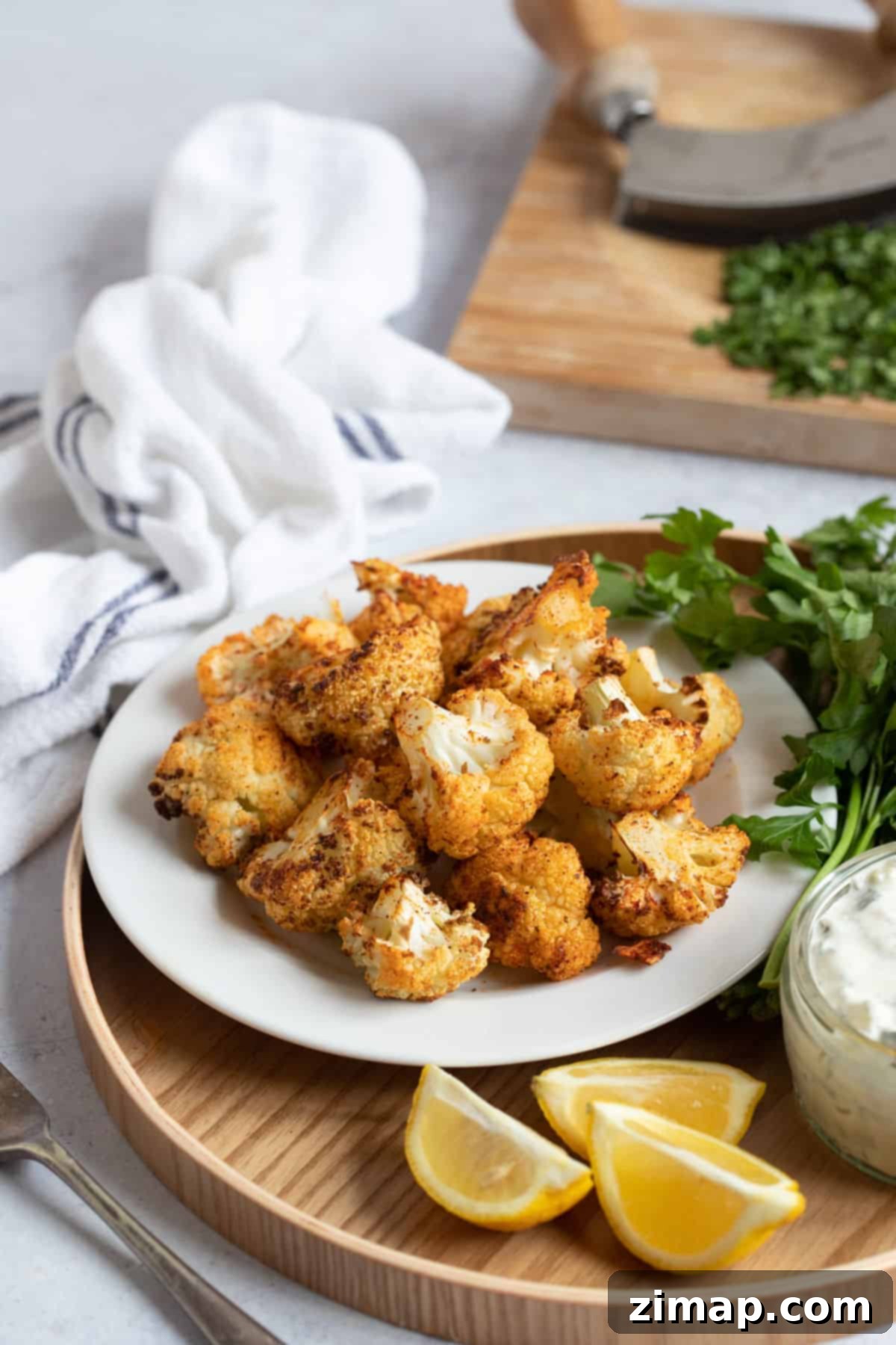 Ένα πιάτο με κουνουπίδι από air fryer.