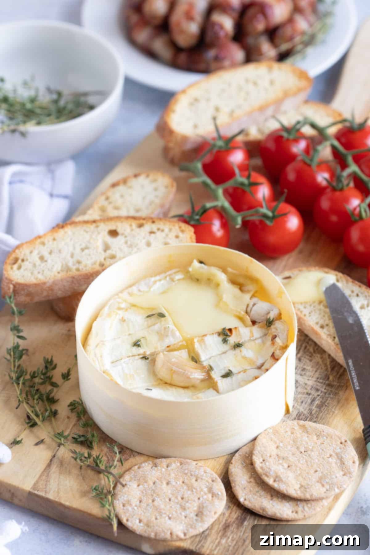 Ψητό Camembert στη φριτέζα αέρα με φέτες μπαγκέτας και ντομάτες.
