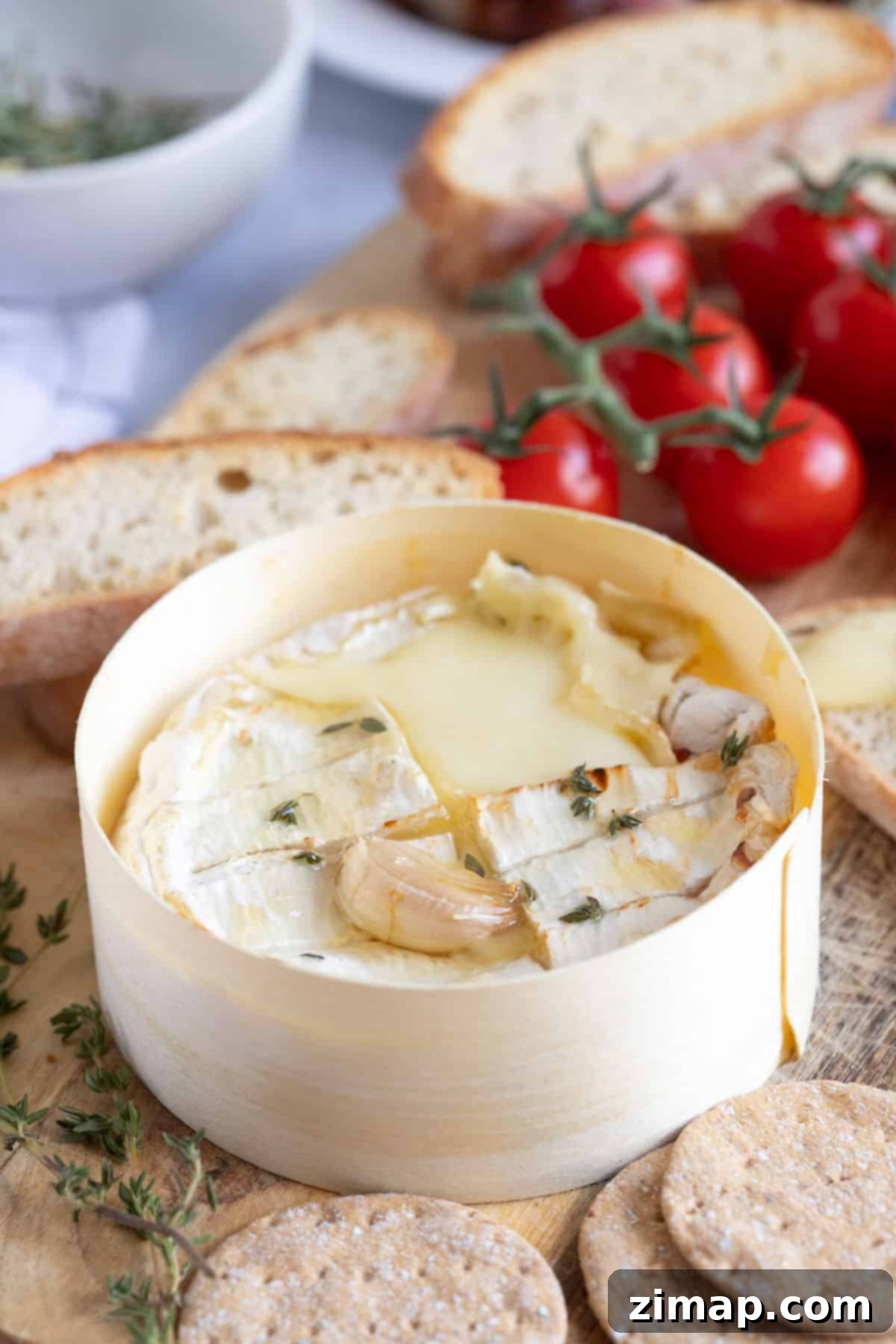 Εύκολο Καμαμπέρ στη Φριτέζα Αέρος 6 Ψητό Camembert σε ξύλινη πιατέλα σερβιρίσματος.