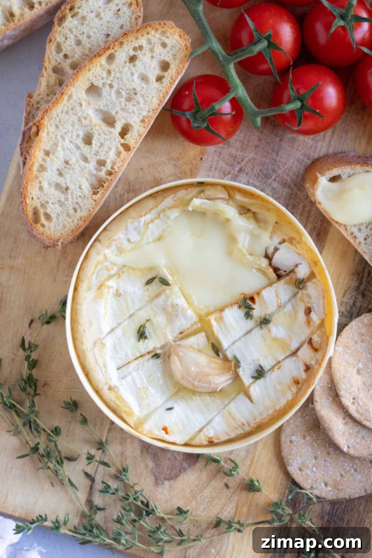 Εύκολο Καμαμπέρ στη Φριτέζα Αέρος 7 Ψητό Camembert με φέτες μπαγκέτας ψημένες στη φριτέζα αέρος.