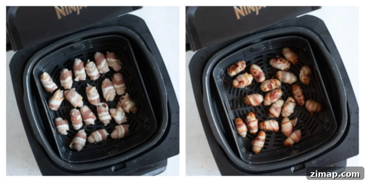Λουκανικοπιτάκια στη Φριτέζα Αέρος 4 Pigs in blankets in air fryer basket.