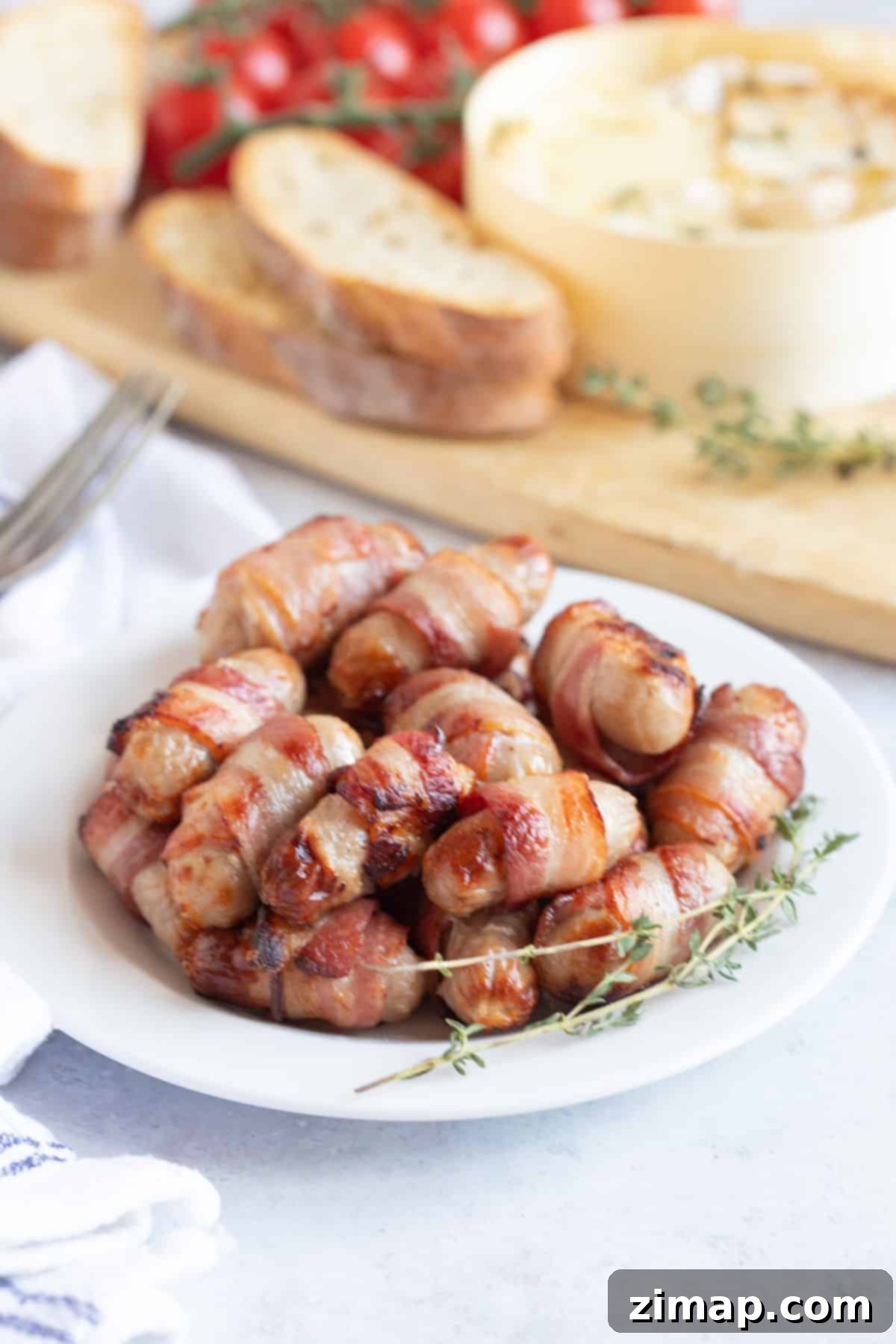 Λουκανικοπιτάκια στη Φριτέζα Αέρος 6 Air fried pigs in blankets on a white plate.