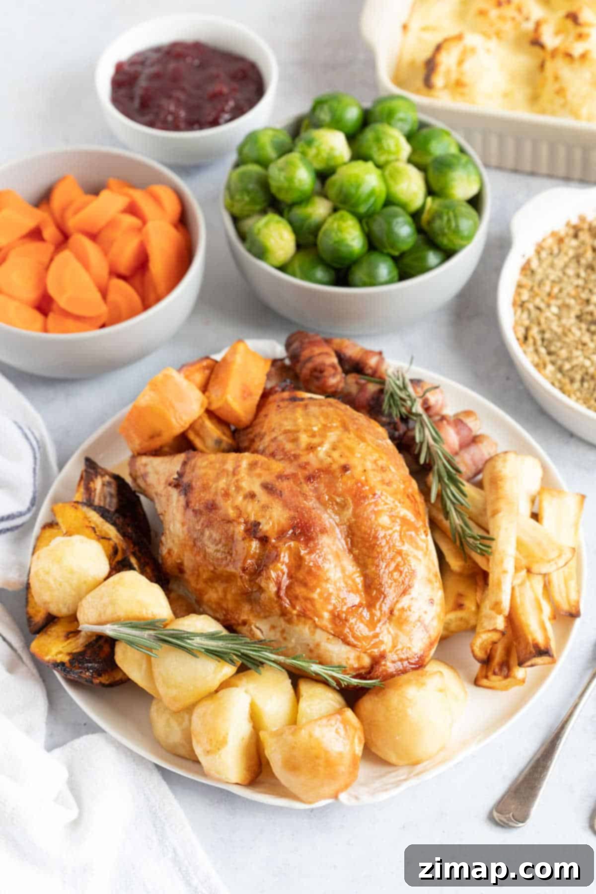 Κορώνα Γαλοπούλας Air Fryer: Εύκολα 8 Κορώνα γαλοπούλας από φριτέζα αέρος σε λευκή πιατέλα με όλα τα συνοδευτικά.