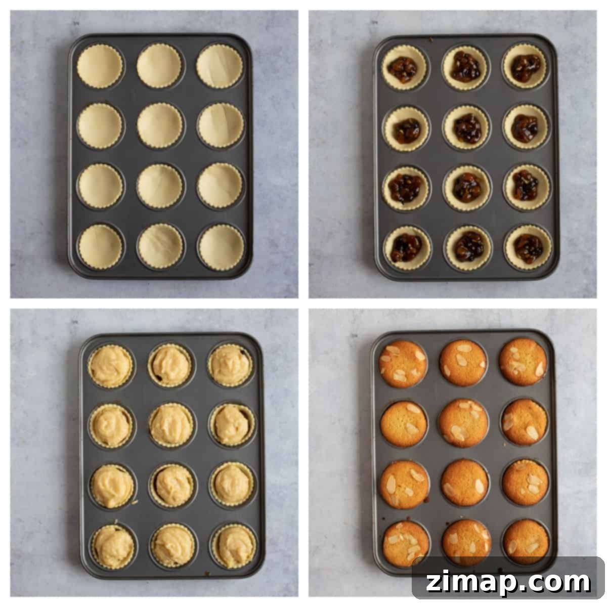 Εύκολα Μίνς Πάι με Φραντζιπάν 5 Ψημένα frangipane mince pies σε ταψί για μάφιν.