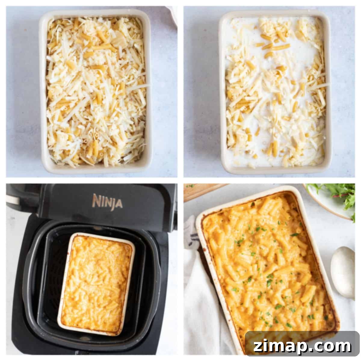 Εύκολα Μακαρόνια με Τυρί στο Air Fryer 4 Step by step photo instruction collage for making mac and cheese in an air fryer.