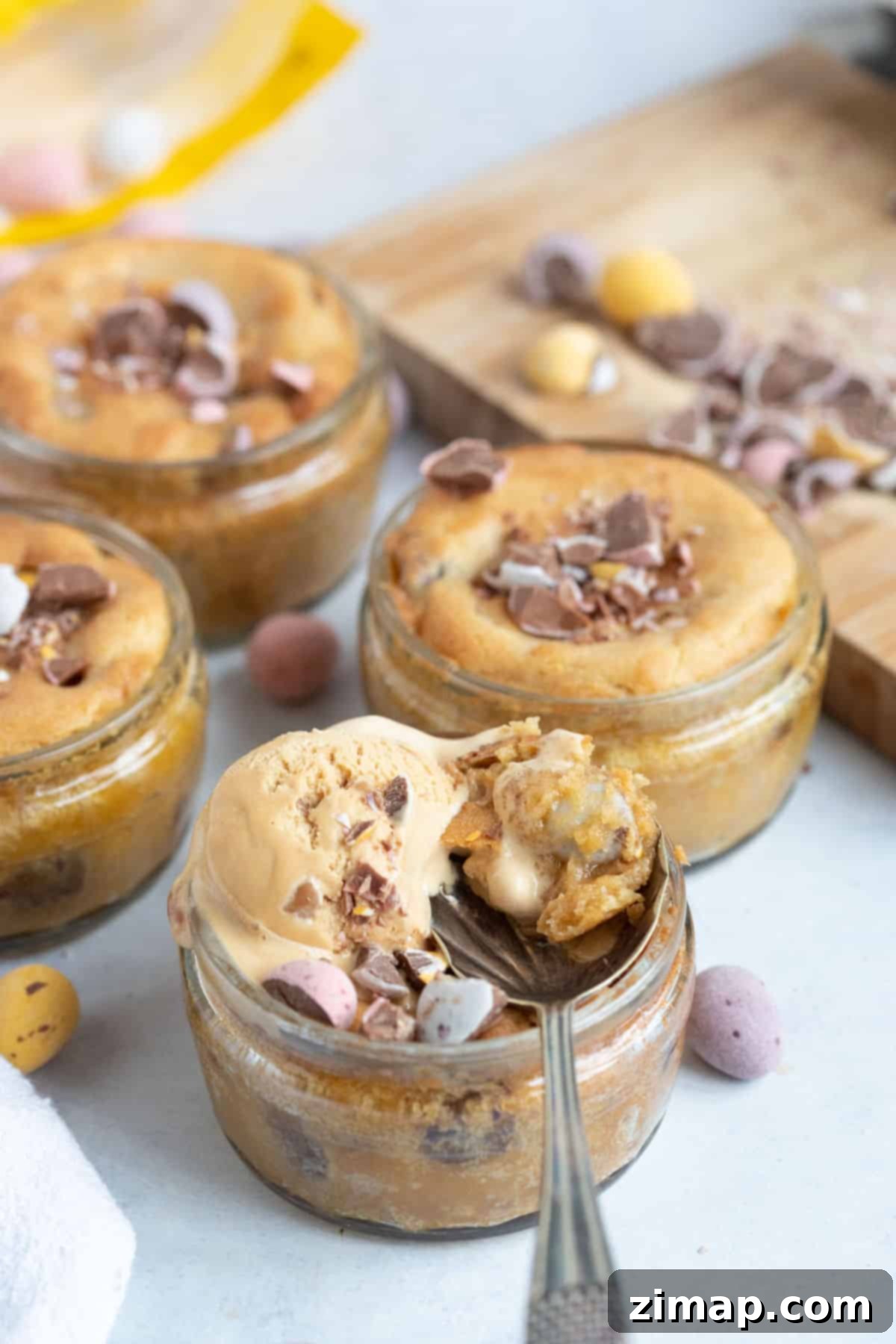Αυγο-γλυκάκια Αέρος 8 An air fryer mini egg dessert pot with a scoop of ice cream.
