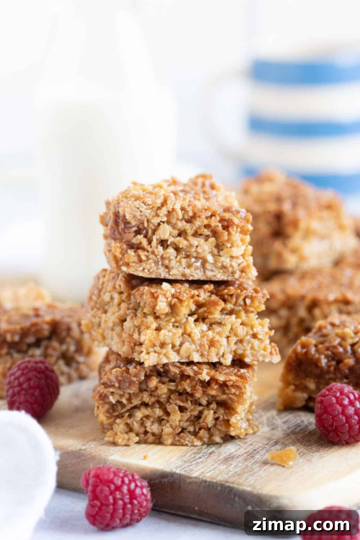 Μια στοίβα από flapjacks φτιαγμένα στη φριτέζα αέρος, πάνω σε ένα ξύλινο δίσκο.