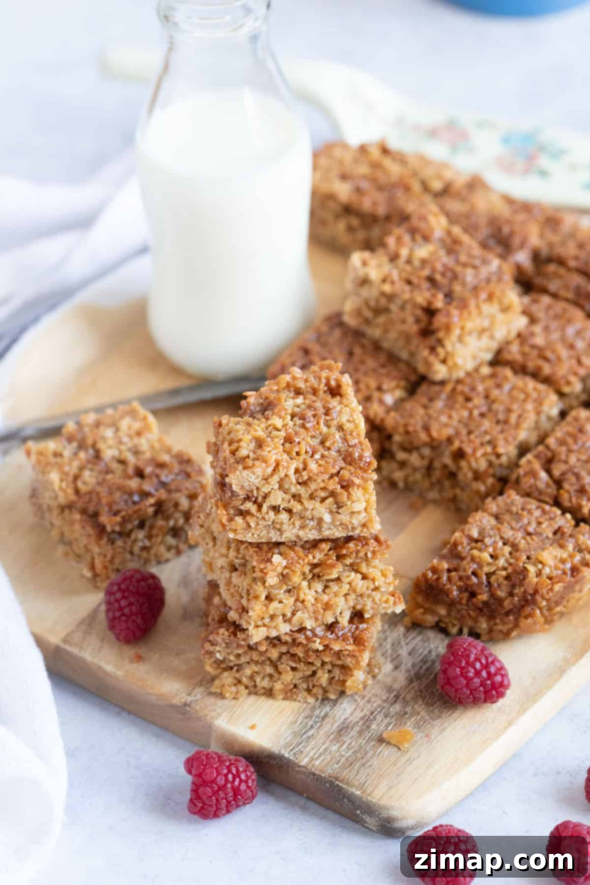Εύκολες Μπάρες Βρώμης στη Φριτέζα Αέρος 7 Flapjacks φριτέζας αέρος σε ξύλινο δίσκο.