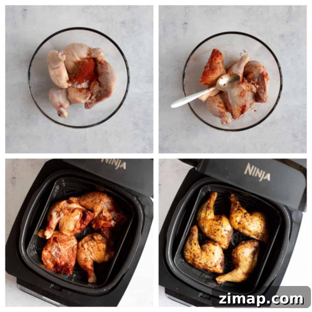 Αερόφρυτα Τραγανά Μπούτια Κοτόπουλου 5 Chicken legs in an air fryer.