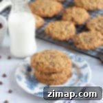 Συνταγή για Μπισκότα Βρώμης με Μπανάνα 12 Μπισκότα βρώμης με μπανάνα και σταγόνες σοκολάτας σε πιάτο.