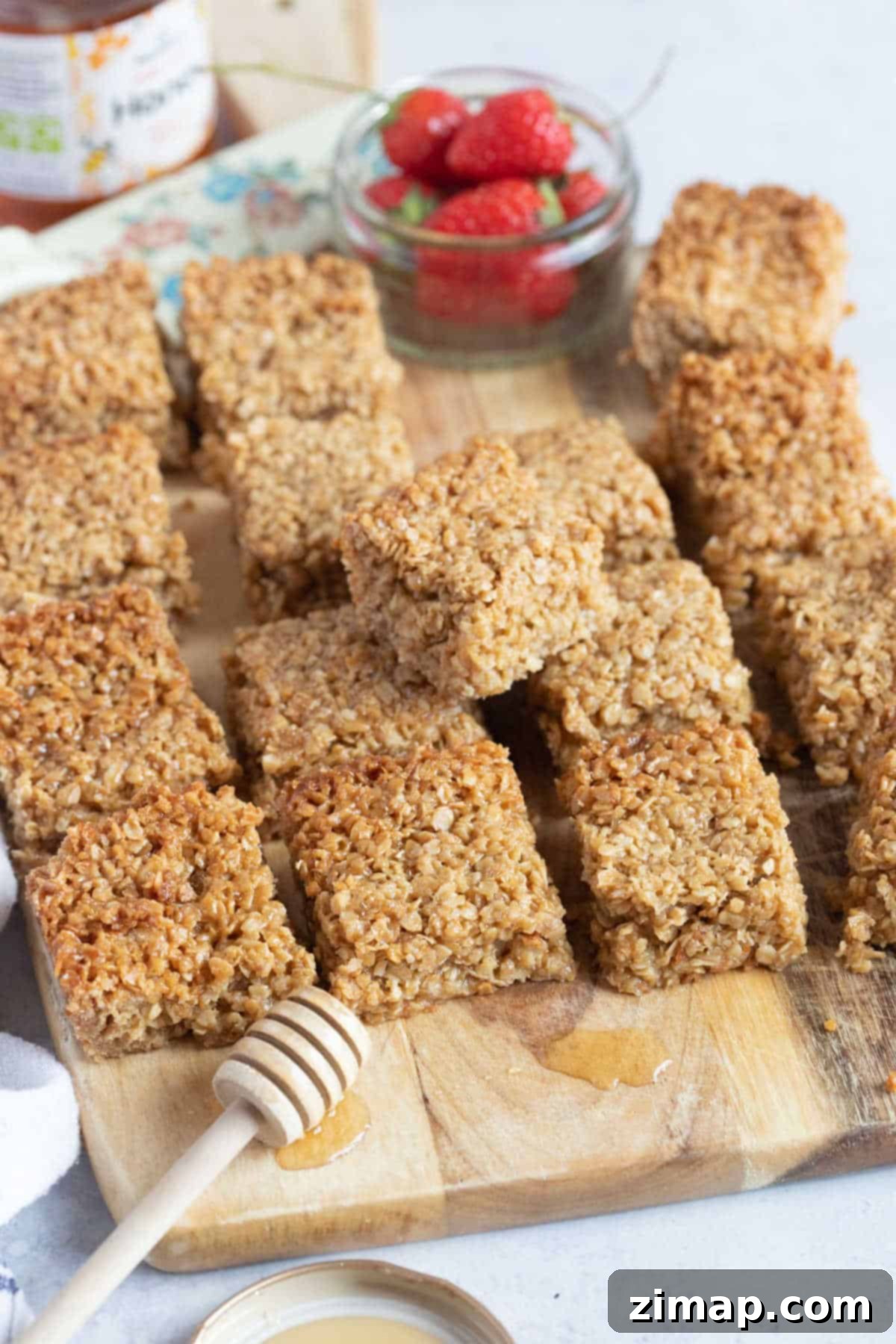 Μπάρες βρώμης με μέλι 8 Honey flapjacks on a wooden board with strawberries.