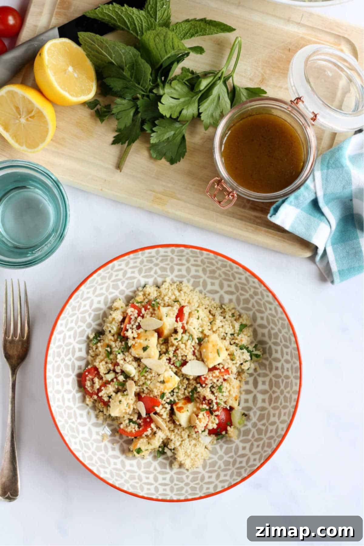 Αρωματική Σαλάτα Χαλούμι με Κους Κους 6 Overhead shot of couscous salad with salad dressing.