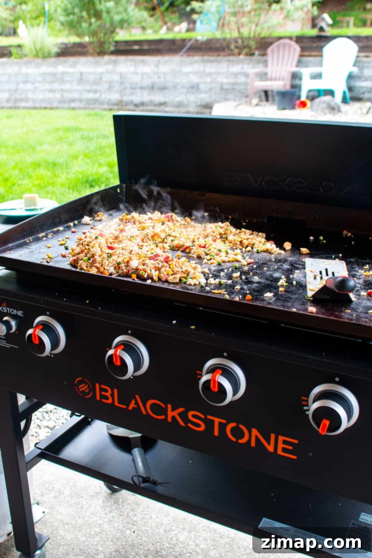 Τηγανητό Ρύζι Μπλάκστοουν 2 Μια πλάκα Blackstone με ένα σωρό τηγανητό ρύζι κοτόπουλου.