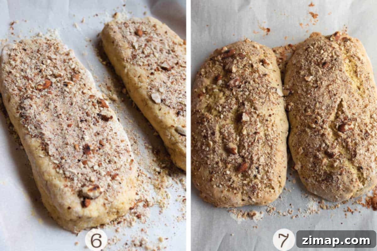 Προζυμένια Μπισκότα 6 Δύο κομμάτια ζύμης biscotti πριν και μετά το ψήσιμο.