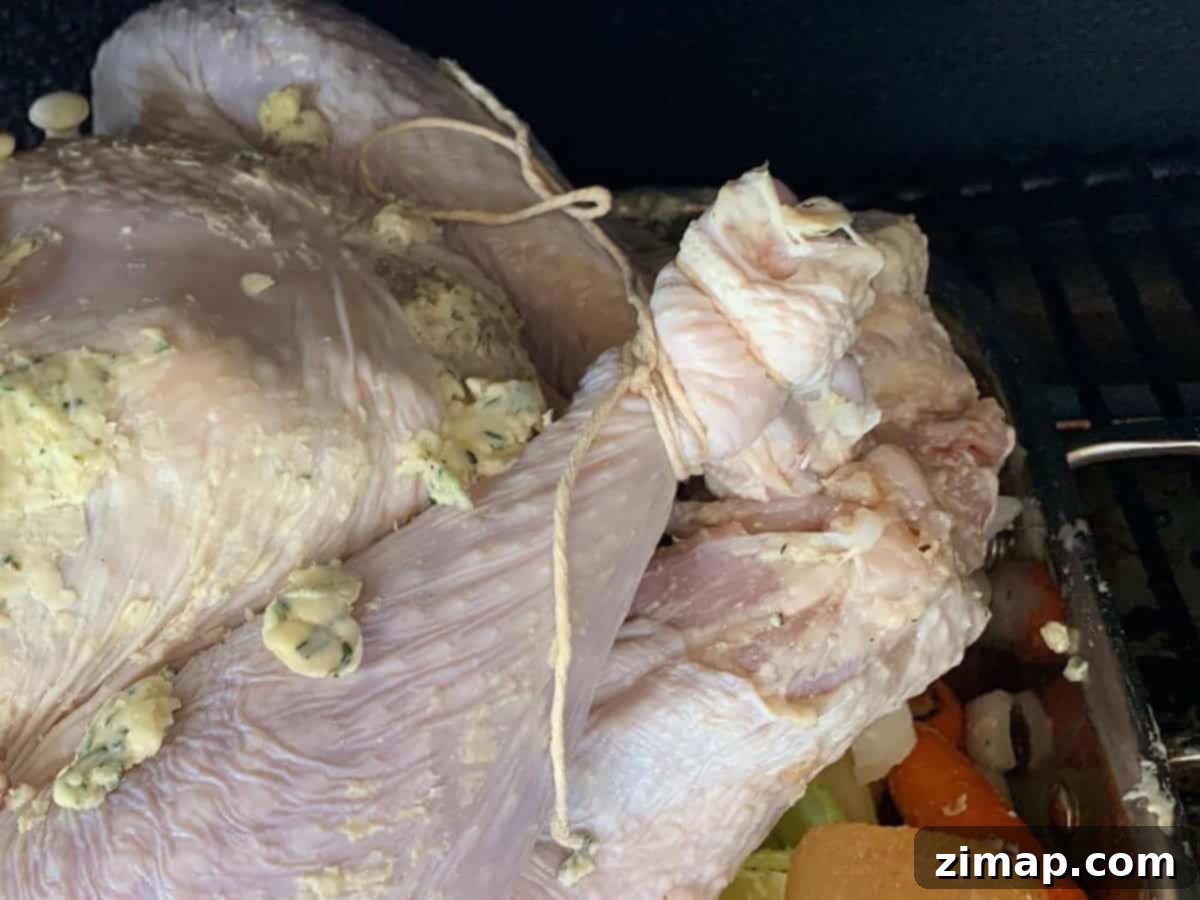 Η Τέλεια Καπνιστή Γαλοπούλα με Ψησταριά Πέλλετ 9 Μια γαλοπούλα με τα πόδια δεμένα με σπάγκο.