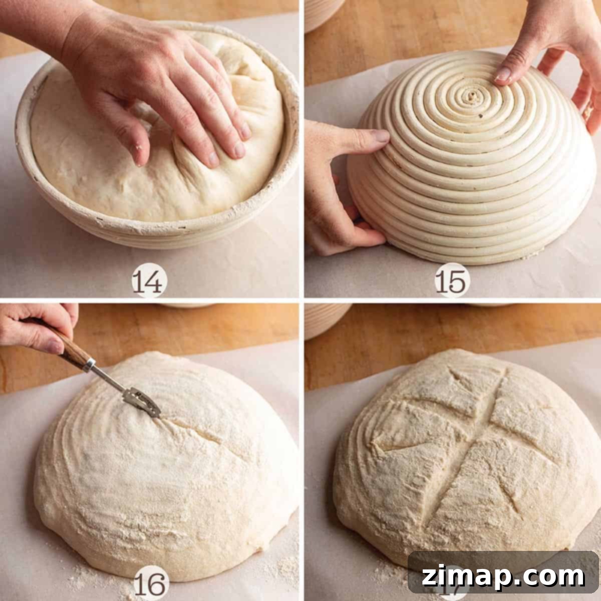 Προζυμένιο Ψωμί από βραδύς 8 Τέσσερις εικόνες μιας φραντζόλας προζυμένιου ψωμιού που προετοιμάζεται για ψήσιμο. Αφαιρείται από το banneton και χαράζεται.