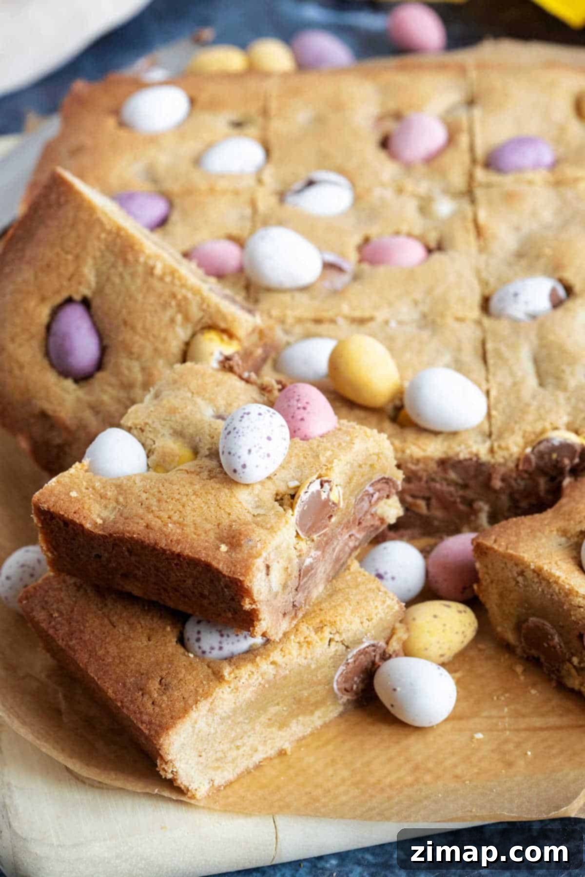 Εύκολες Μπάρες Μπισκότων Cadbury Μίνι Αυγά 6 Easter cookie bars stacked on top of each other.