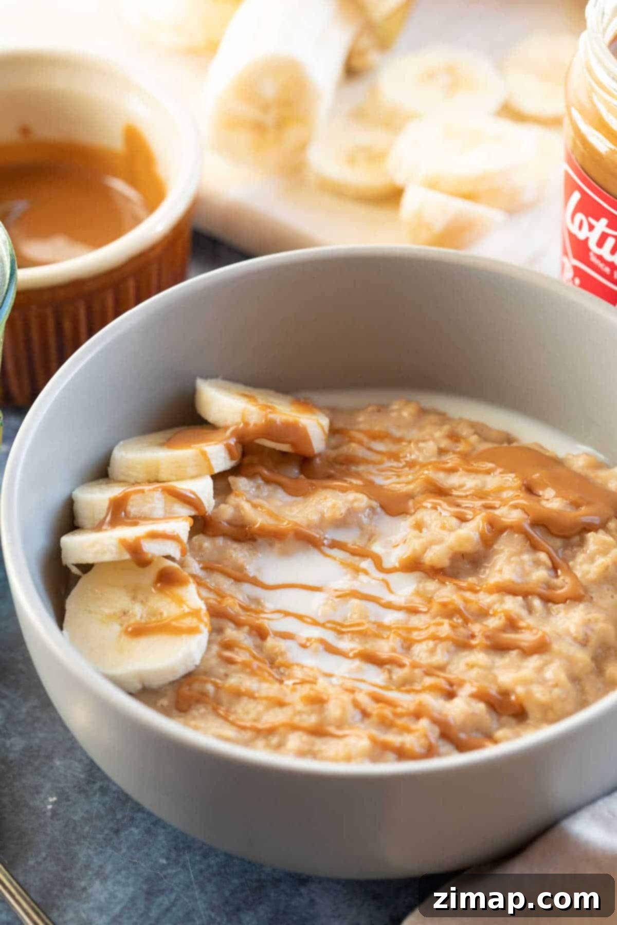 Κρέμα Βρώμης Μπισκόφ 5 Biscoff porridge in a grey cereal bowl.