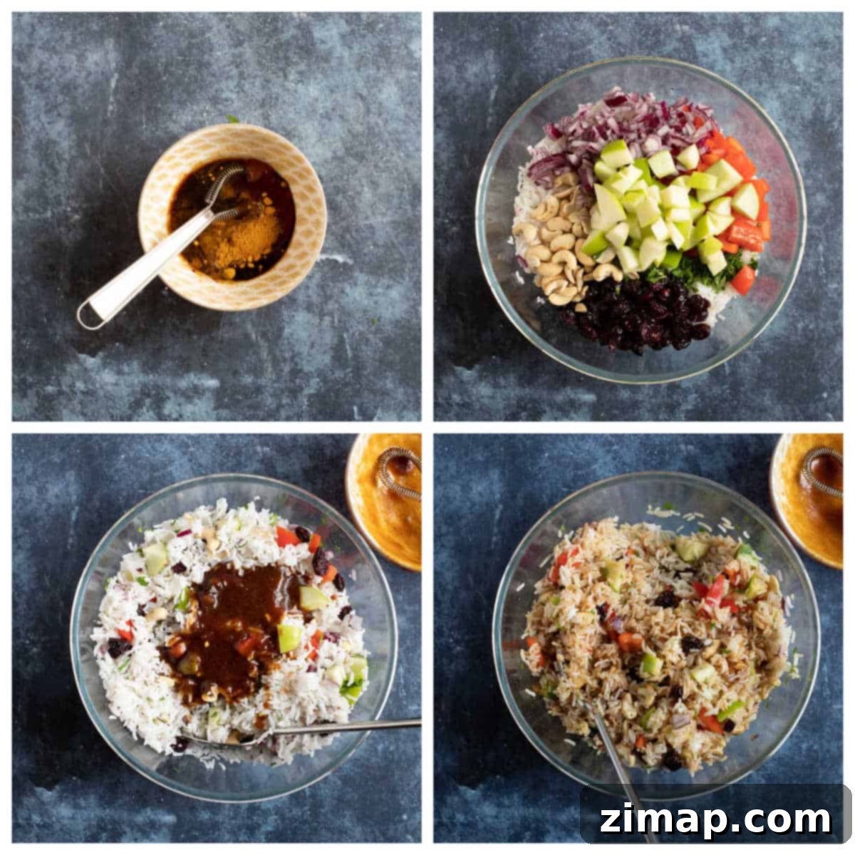 Εύκολη Συνταγή για Σαλάτα Ρυζιού με Κάρι 4 Step by step photo collage showing how to make the easy rice salad.